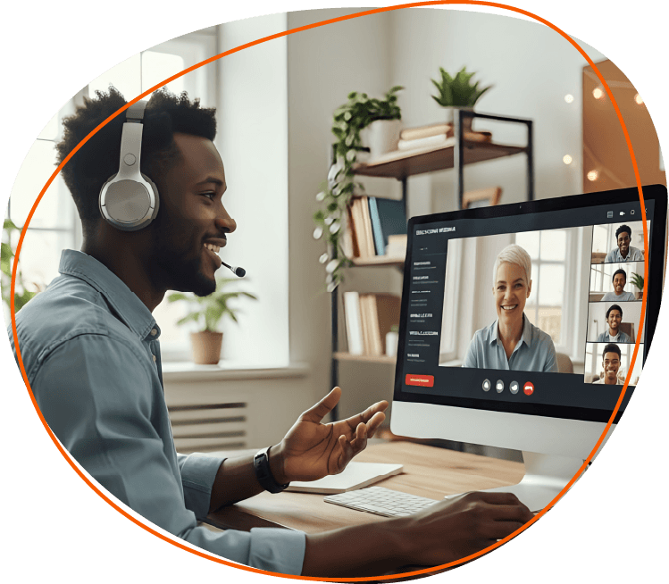 a guy with a desktop display and person