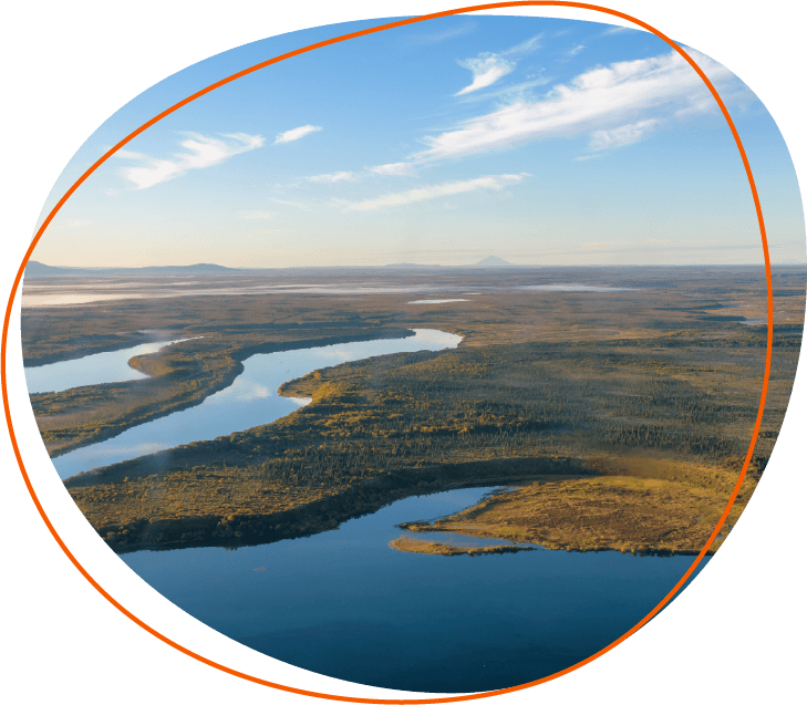 Aerial view of Alaskan fall color landscape, rivers, lakes, forests, tundra