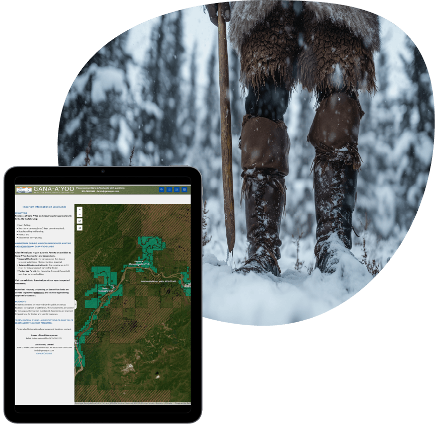 A tablet featuring a map with a native standing in a snow pile behind