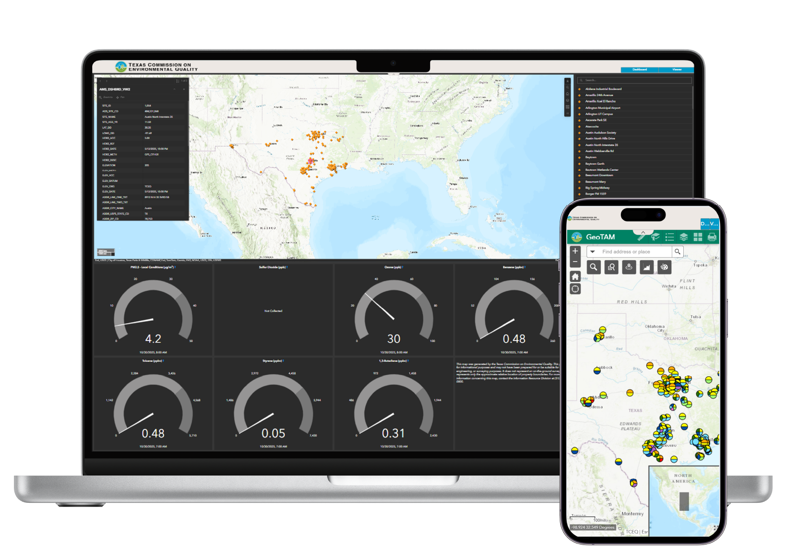 A map with details of air quality data insights displayed on a laptop and iphone
