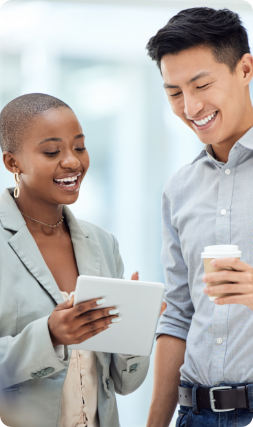 Tablet, smile and employees talking about business on the internet, online partnership and reading an email together at work